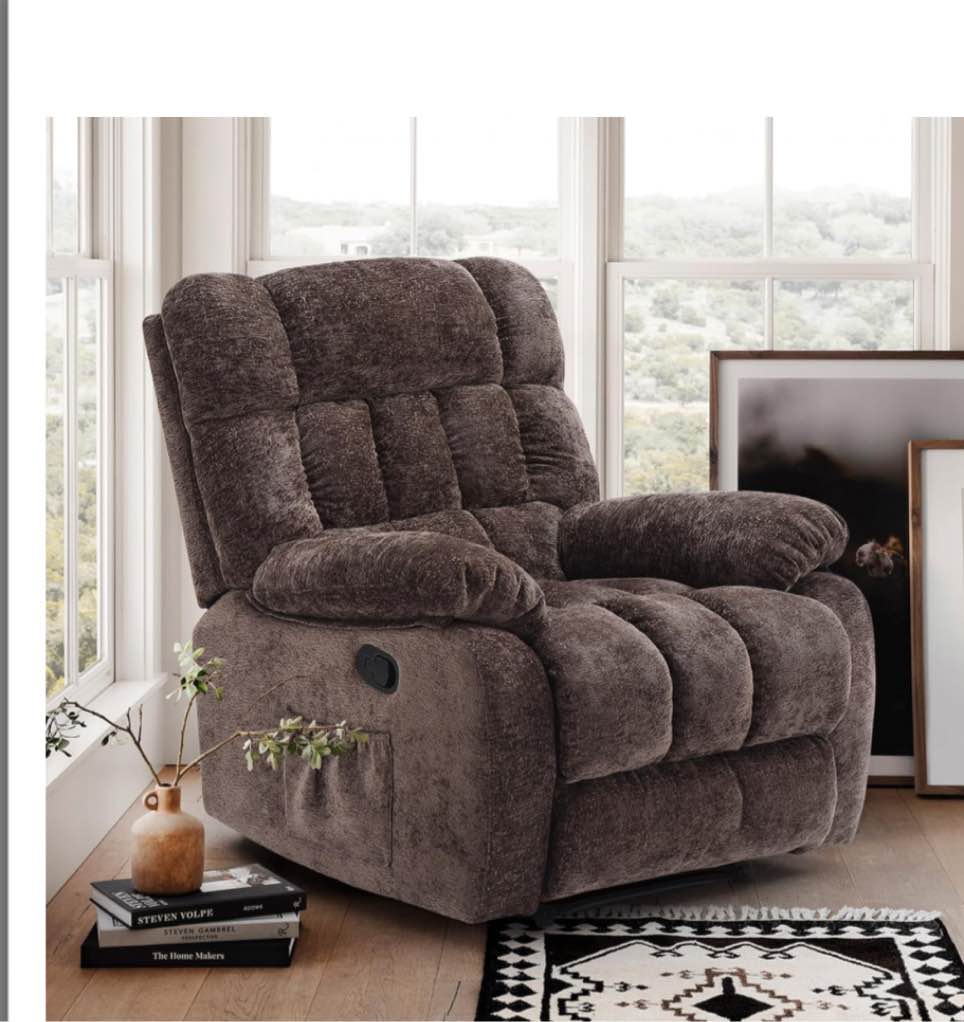 (box not 3)STARY 110°-160° Adjustable Ergonomic Rocker Chair with Footrest, Chenille Recliner Sofa with Side Pocket for Living Room, Brown