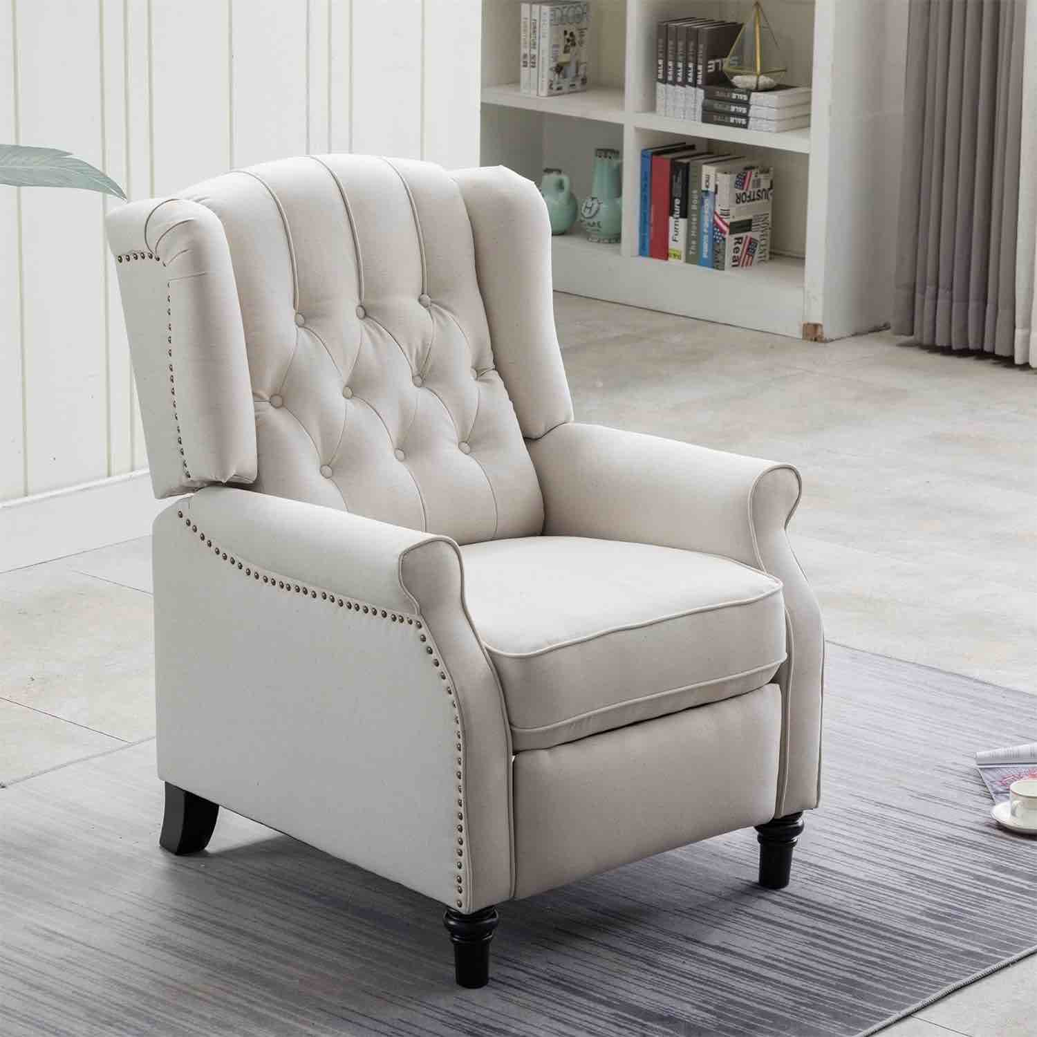 Pushback Recliner Chair in Chenille Armchair with Tufted Backrest 30wx36dx40h Off/White Solid Modern Contemporary Metal Wood Padded Seat Cushions