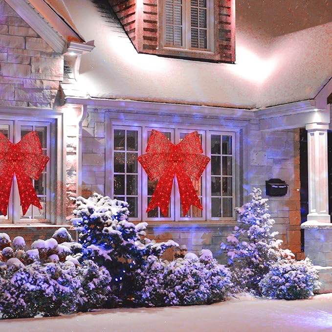 Set Of 3 Pre-Lit Christmas Bows, Indoor/Outdoor LED Holiday Decor W/ 8 Light Functions - Red