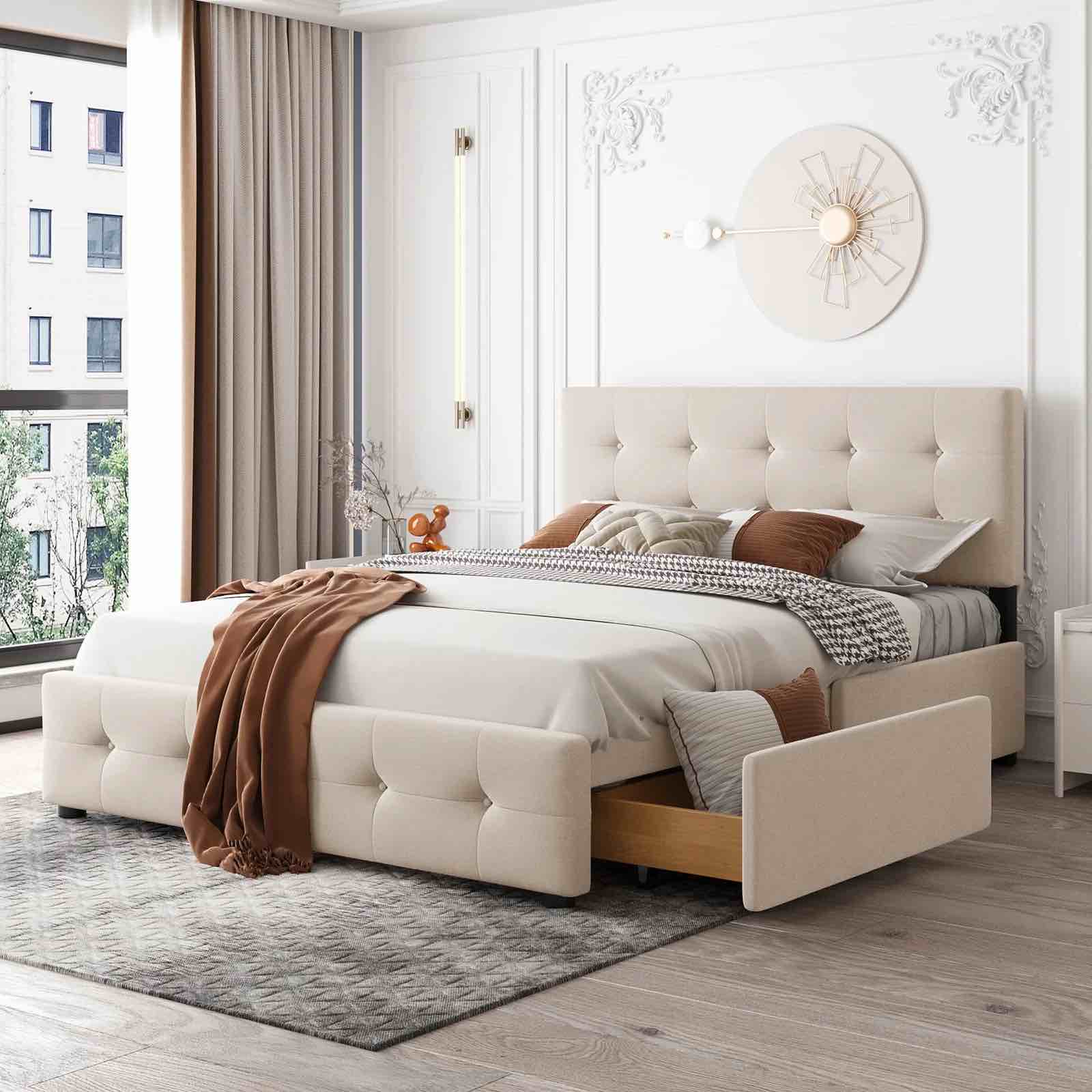Upholstered Platform Bed with Classic Headboard and 4 Drawers; No Box Spring Needed; Linen Fabric; Queen Size(box 1 of 2) INCOMPLETE 