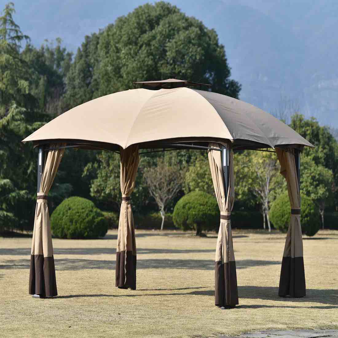10FT W*12FT L OUTDOOR DOUBLE VENTS GAZEBO PATIO METAL CANOPY WITH SCREEN AND LED LIGHTS FOR BACKYARD, POOLSIDE, BROWN