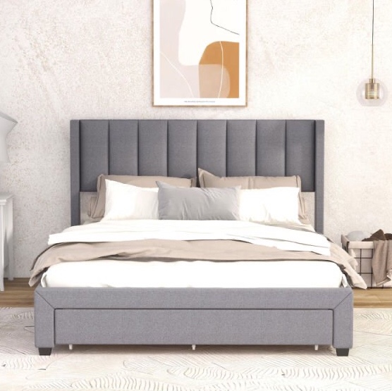 CoCoCherry Queen Size Upholstered Platform Bed with One Large Drawer in the Footboard and Drawer on Each Side