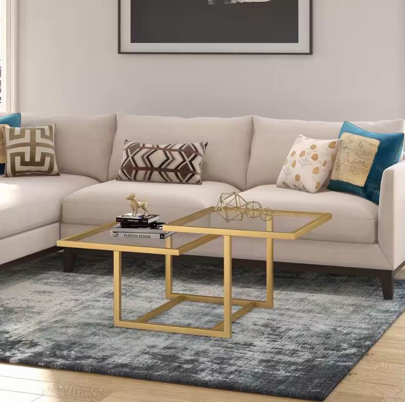 Amalie 43 in. Brass Large Rectangle Glass Coffee Table with Shelf