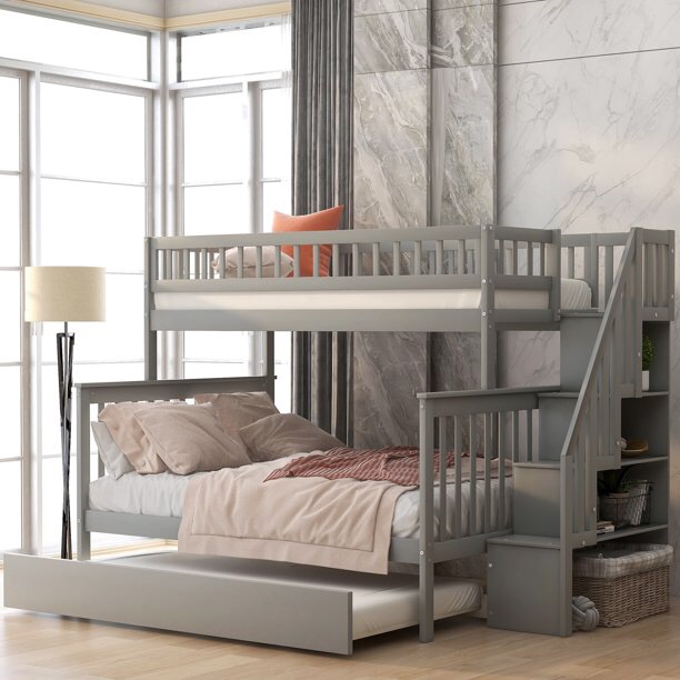 WEIKABU Twin Over Full Bunk Bed with Trundle and Staircase, Gray Pine Wood+MDF 90.8"L*57.8"W*65.3"H Ample Storage Space (incomplete) (box 1 of 3 only)