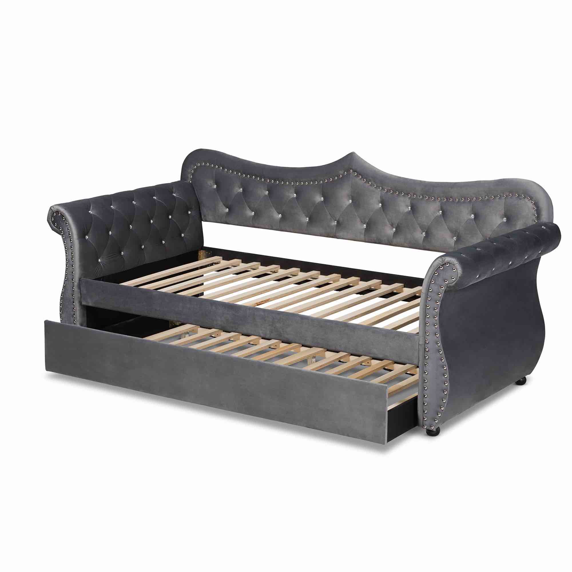 Baxton Studio Abbie Grey Velvet Upholstered and Crystal Tufted Twin Daybed with Trundle (incomplete)