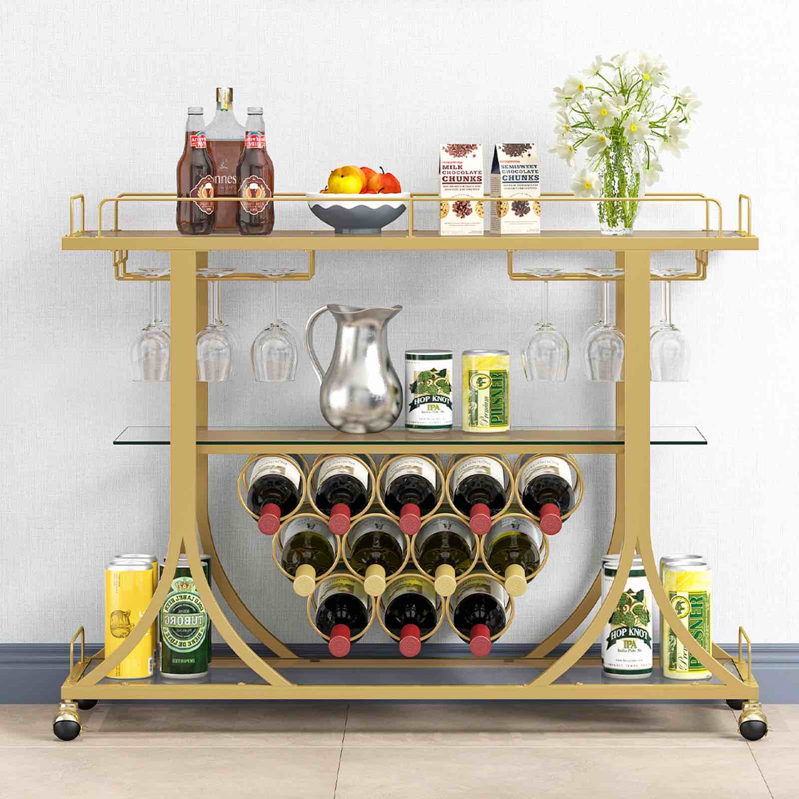 HOMYSHOPY Metal Bar Cart with Wine Rack & Glass Holder, 3-Tier Rolling Trolley for Living Room, Gold Finish