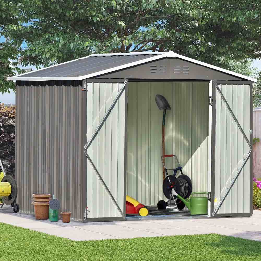 Patio 8ft x6ft Bike Shed Garden Shed; Metal Storage Shed with Lockable Doors; Tool Cabinet with Vents and Foundation Frame for Backyard; Lawn; Garden gray 