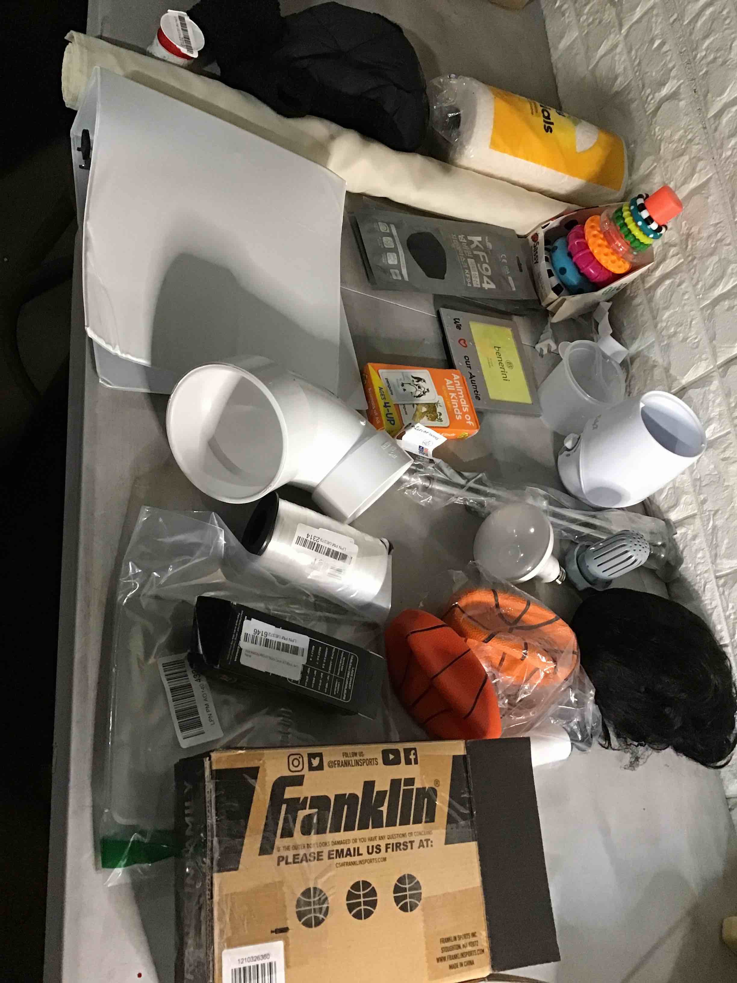 Assortment items (includes,Franklin Sports Indoor/Outdoor Rubber Mini Basketballs,Animals of all kinds,face masks,rod,grow light led ,and more 