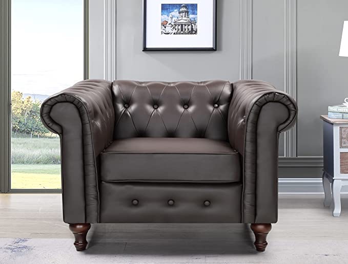 Container Furniture Direct Teressa 3-Piece Faux Leather Chesterfield Sofa Set for Living Room, Apartment or Office, Includes Mid Century Modern Couch, Loveseat and Accent Chair, Brown(chair only)