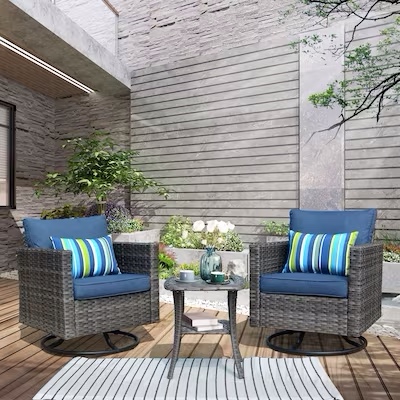 XIZZI Lullaby 3-Piece Rattan Patio Conversation Set with Blue Cushions(Box 3 of 2) INCOMPLETE