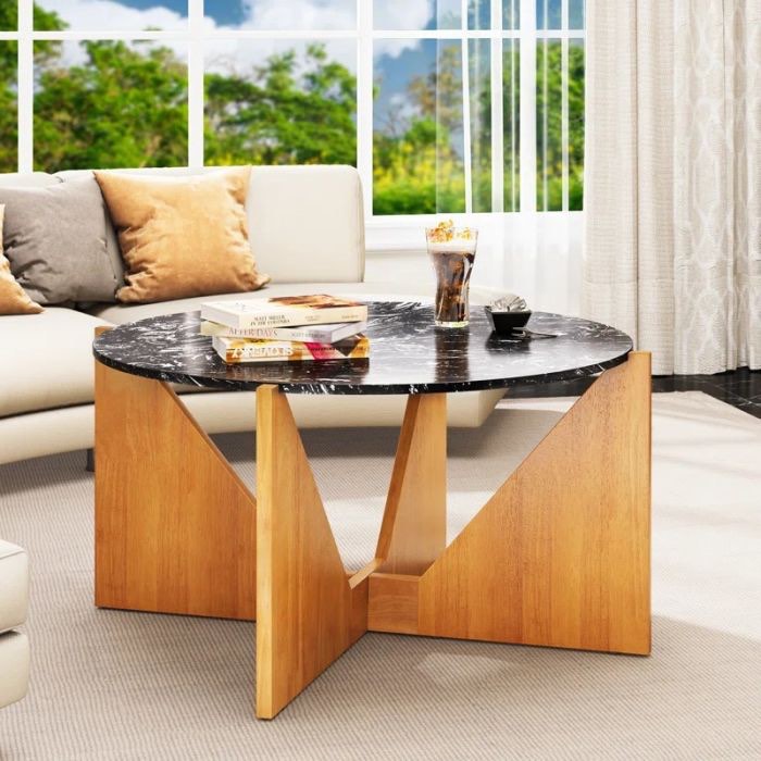 Yitahome Modern Marble Coffee Table with Wooden in Black & Wood