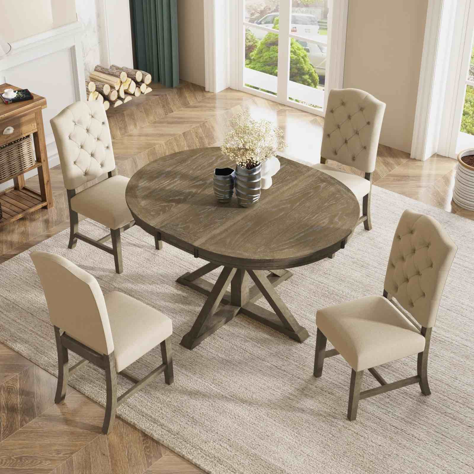 5 STARS HOUSE  Retro Style Dining Table Set with 1 Extendable Table 4 Upholstered Chairs Natural Wood Wash (INCOMPLETE SET, MISSING BOXES)