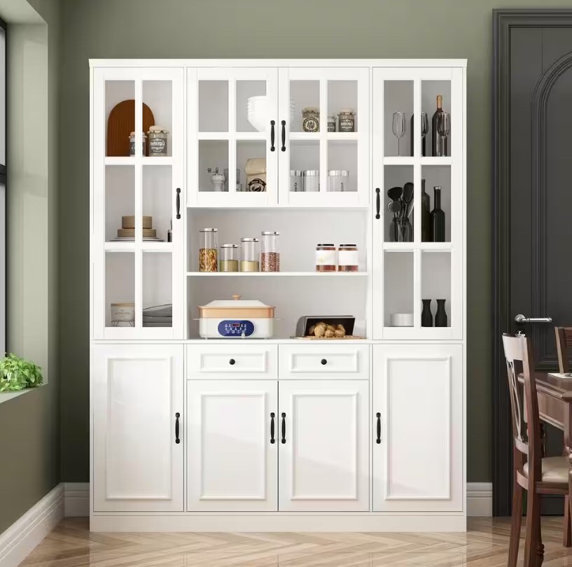 White Wood 63 in. W Buffet and Hutch Kitchen Cabinet With Glass Doors, 2-Drawers, Adjustable Shelves by FUFU&GAGA (INCOMPLETE SET, MISSING BOXES)