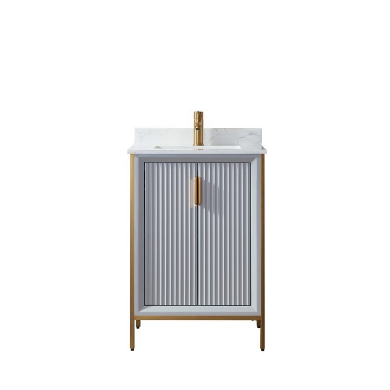 Vinnova 736024-WH-GW-NM Granada 24 Inch Vanity with White Composite Grain Stone Countertop Without Mirror, White