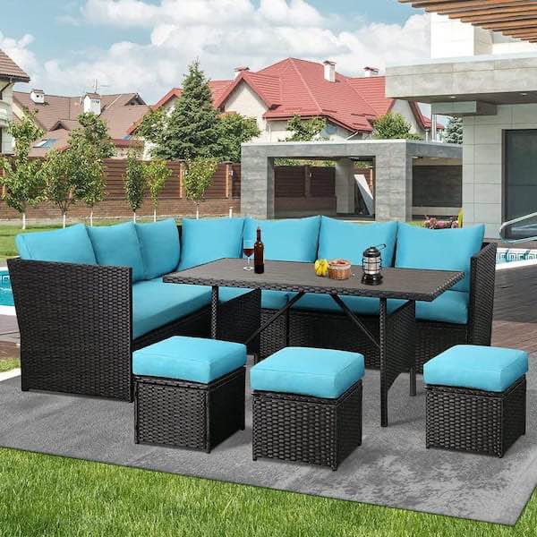AECOJOY 7-Pieces Patio Black Wicker Furniture Dining Set with Blue  (incomplete, table top only)