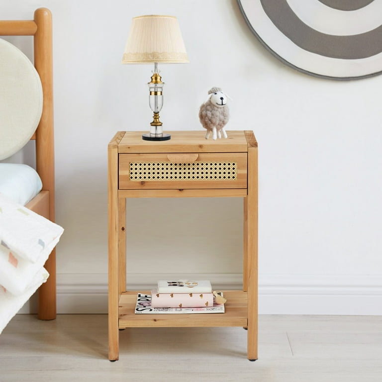 COZAYH Modern Minimalism Nightstand End Table Side Table with Woven Pattern Drawer and Shelf Storage, Rustic Farmhouse Style, Natural