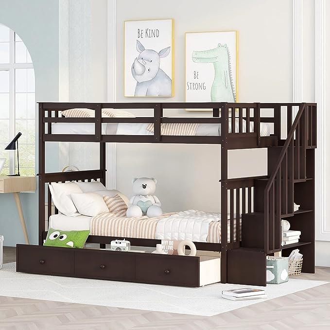 Bunk Bed Twin Over Twin with Stairs, Bunk Beds with Storage Drawers and Open Shelves, Wooden Twin Bunk Bed for Kids, Teens,Adults (Espresso,Twin Over Twin / Box 1/3)