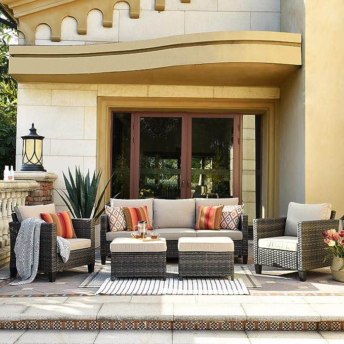 XIZZI Patio Furniture, Outdoor Garden Sofa sectional, Wicker Patio Furniture with Wather Resistant Cushion and 2 Pillows Beige (Box 1/2)