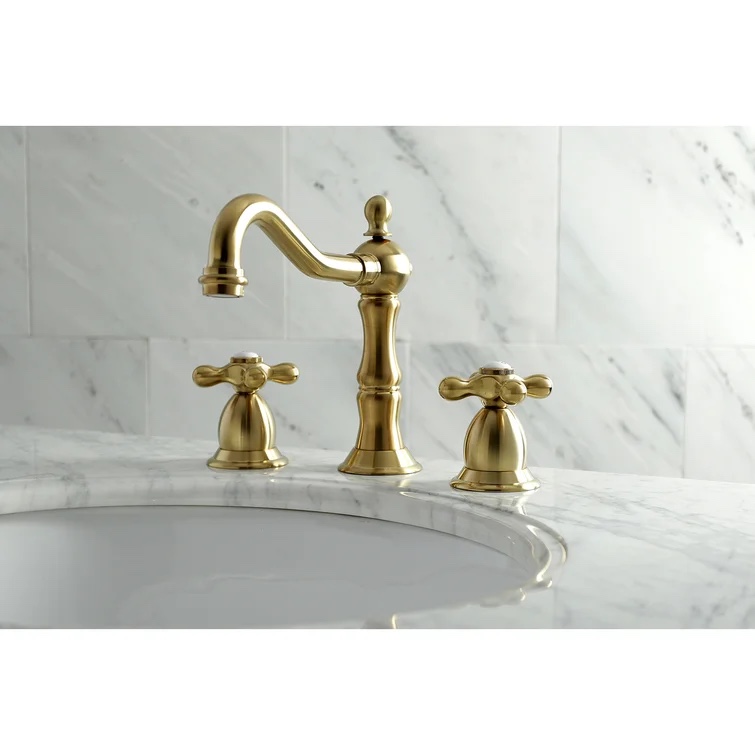 Satin Brass/White Heritage Big Cross Handle Widespread Bathroom Faucet with Drain Assembly