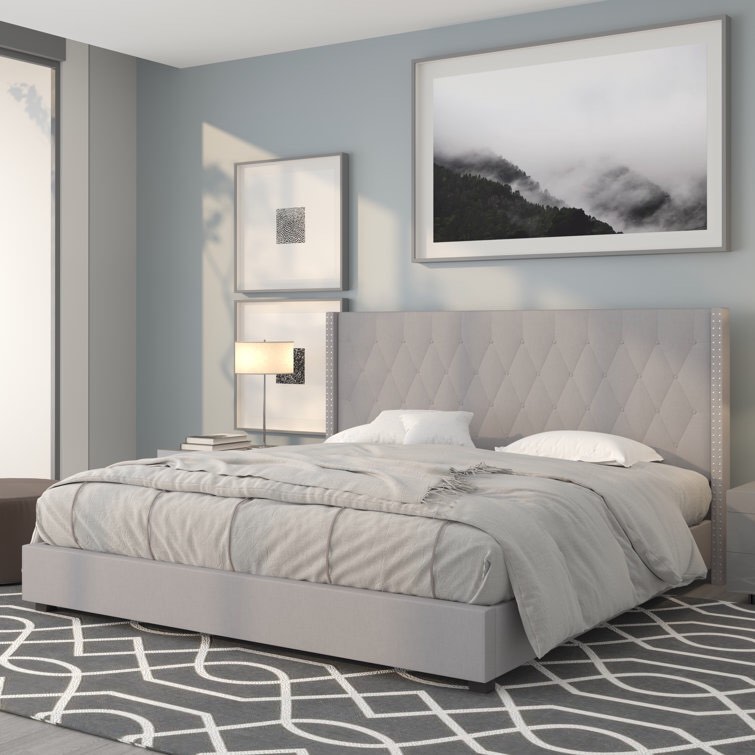 Queen Light Gray Aluino Tufted Upholstered Platform Bed w/ Accent Nail Trimmed Extended Sides