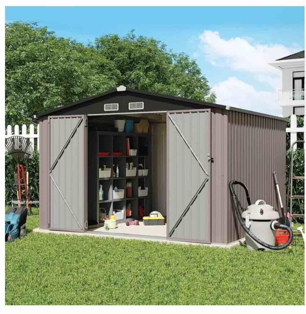   Outdoor Storage Shed, 8'x10' Large Galvanized Steel Metal Garden Shed, Double Door W/Lock, Outdoor Storage House for Backyard, Patio, Lawn