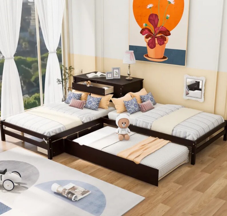 Ull Size L-shaped Platform Beds with Twin Size Trundle and Drawers Linked with Built-in Rectangle Table\ Espresso (Incomplete) box 1/2 only 
