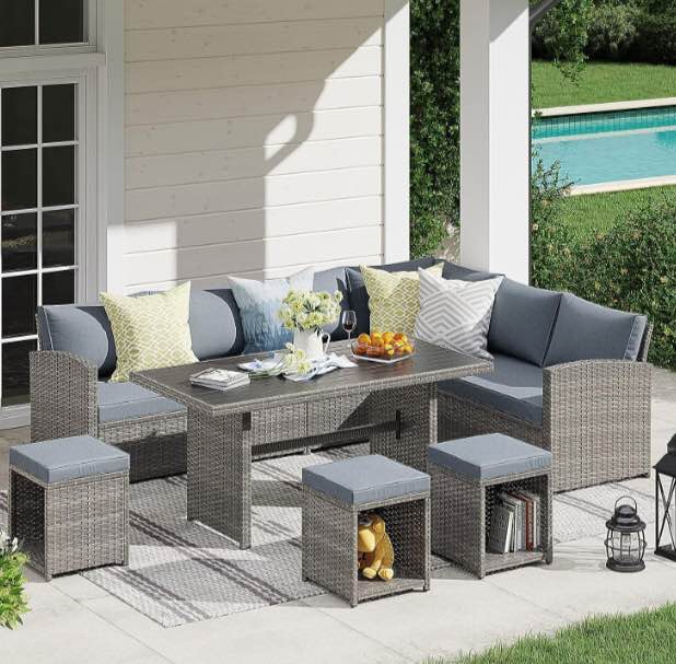 JOIVI Patio Furniture Set, 7 Piece Patio Dining Sofa Set, Outdoor Sectional Sofa Conversation Set All Weather Wicker Rattan Couch Dining Table & Chair with Ottoman, Gray (Incomplete) box 4/4 only 