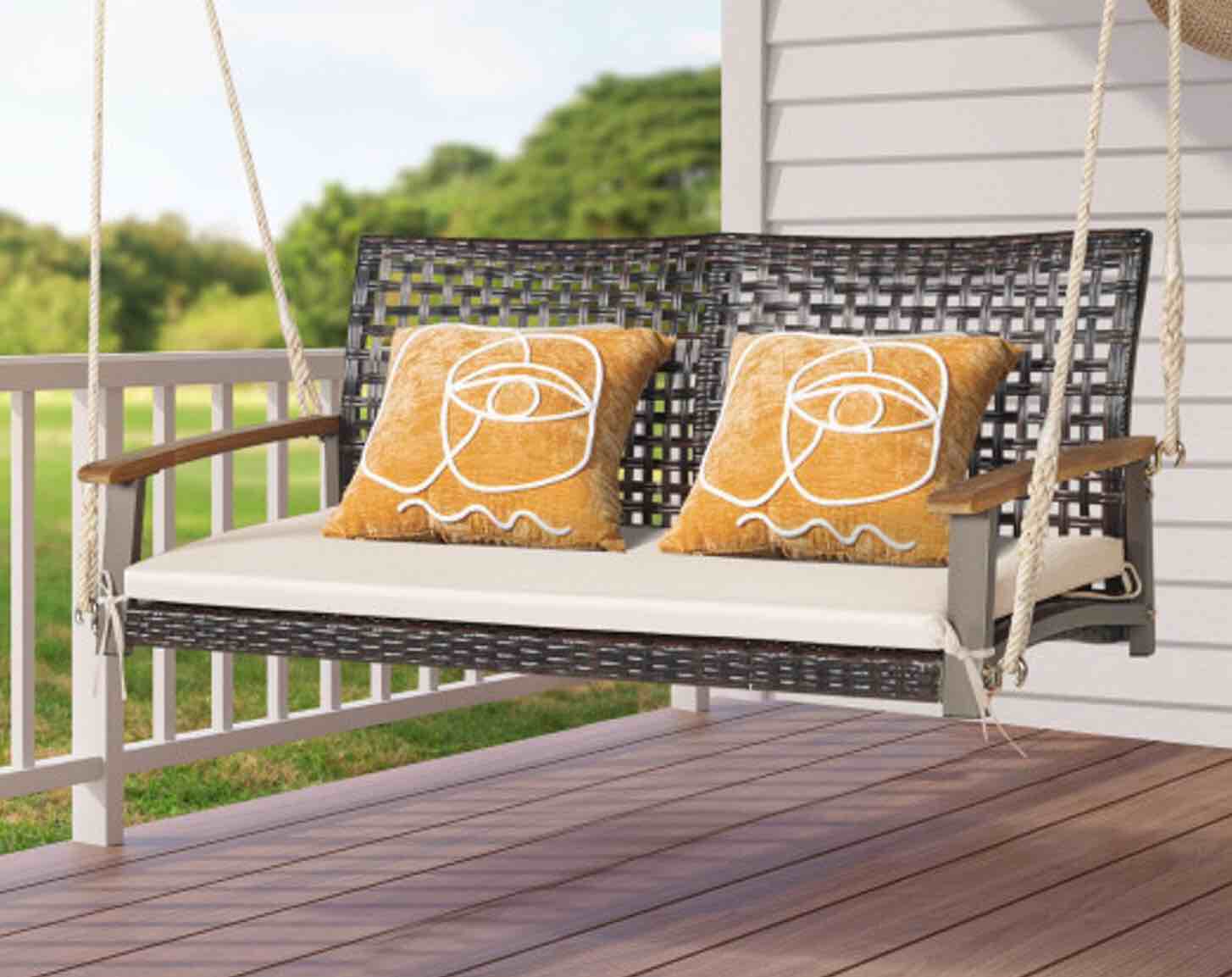 2-Person Rattan Hanging Porch Swing Chair-Off White HW69764WH