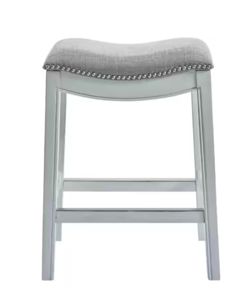 NewRidge Home Goods Zoey 25.5in. Saddle Counter-Height Stool with Antique Whitewashed Gray Linen Seat, One Stool