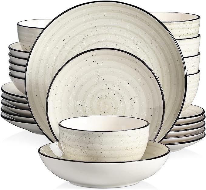 vancasso Stoneware Dinnerware Set 24 Pieces, Bonbon Beige Dinner Set Handpainted Spirals Pattern Combination Set with Dinner / Dessert / Soup Plate Bowl, Service for 6