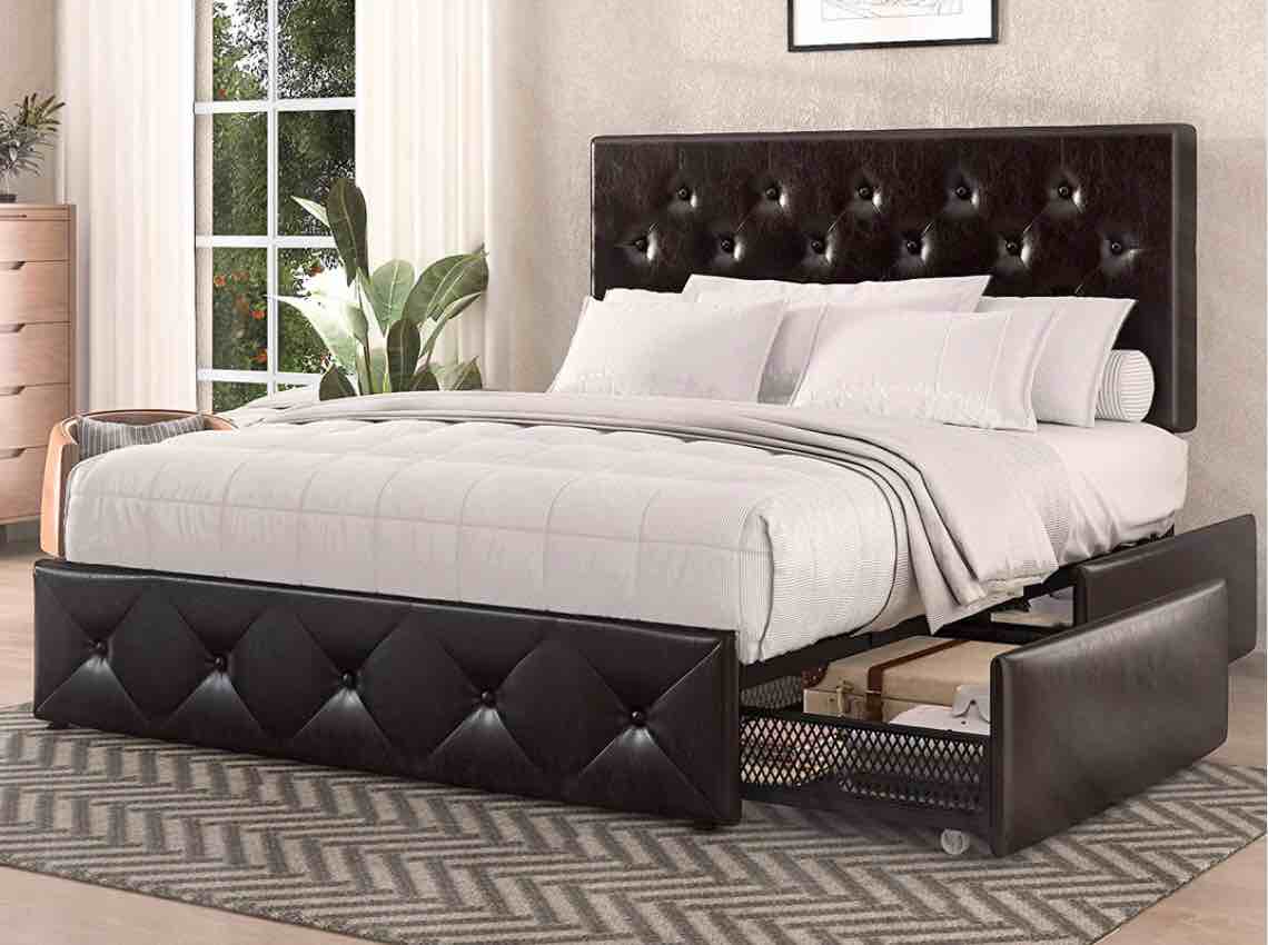 tufted black leather full bed 