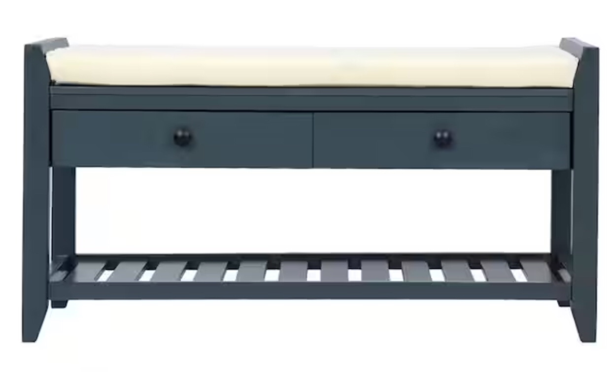 19.8 in. H x 39 in. W Antique Navy Solid Wood Shoe Rack with Cushioned Seat and 2-Drawers Shoe Storage Bench