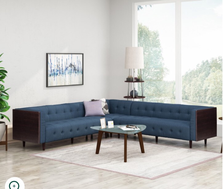 Clermont MidCentury Modern Fabric Tufted Sectional Sofa Set, Navy Blue and Brown in Navy Blue/Brown (incomplete corner chair and arms only)