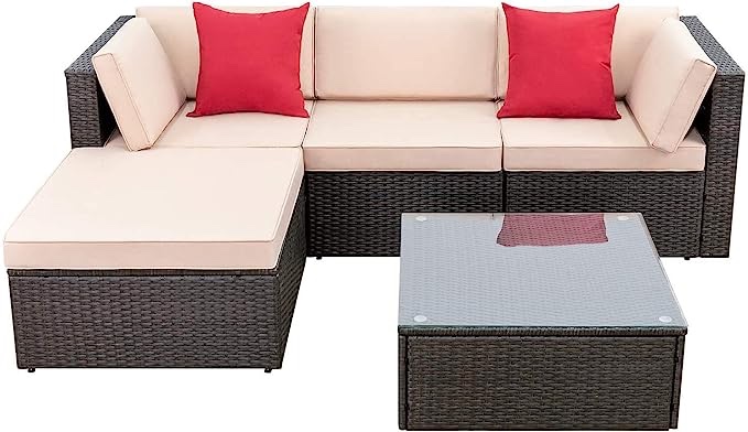 Devoko 5 Pieces Patio Furniture Sets All Weather Outdoor Sectional Patio Sofa Manual Weaving Wicker Rattan Patio Seating Sofas with Cushion and Glass Table(Beige) (incomplete 1 box only)
