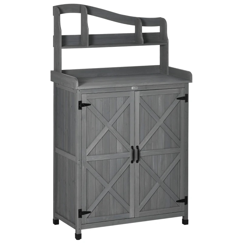 Outsunny Outdoor Storage Cabinet & Potting Table, Wooden Gardening Bench with Patio Cabinet and Magnetic Doors, Grey (incomplete 1 box only)