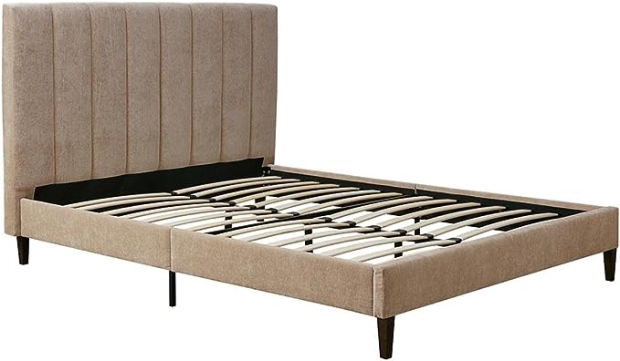 510 DESIGN Catalina Headboard with Platform Bed Frame and Wood Slats - Channel Tufted Upholstery, Bedroom Furniture, No Box Spring Needed, Easy Assembly, Queen, Tan
