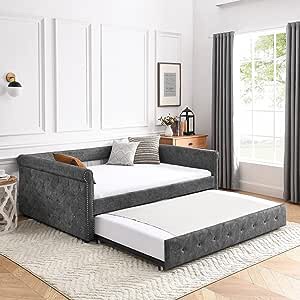 Daybed with Trundle, Fabric Upholstered Full Size Day Bed Button-Tufted Sofa Daybed Frame w/Twin Roll-Out Trundle, No Box Spring Needed, Furniture for Bedroom Living Room Guest Room (Grey, Full) (incomplete 1 box only)