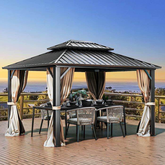 10x12ft Double Roof Metal Patio Hardtop Gazebo Brown (incomplete 1 box only)
