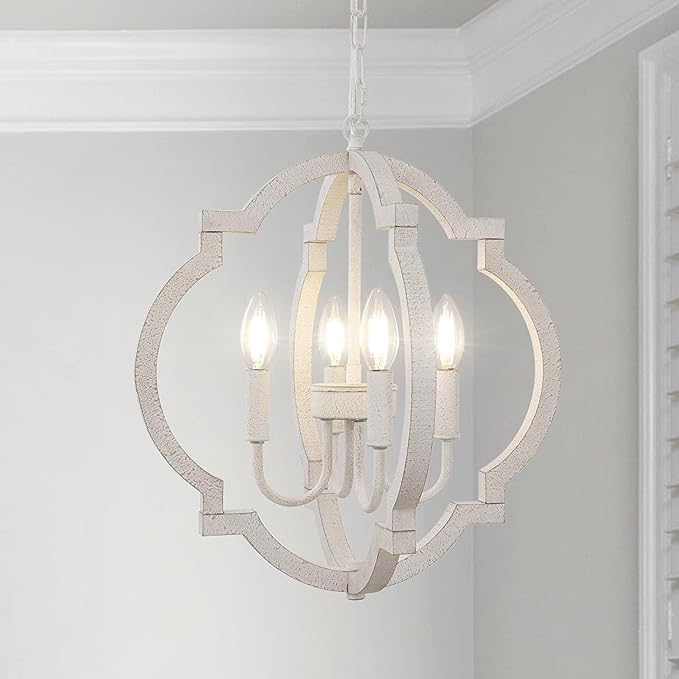 LynPon Farmhouse Orb Chandelier 16", 4 Lights Rustic White Chandeliers Distressed Wooden Pendant Light French Country Small Hanging Light Fixtures for Dining Living Room Kitchen Island Foyer Entryway