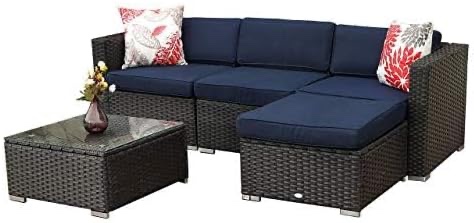 PHI VILLA Outdoor Patio Sectional Furniture Set 5 Piece Low-Back Rattan Sofa Set Wicker Patio Conversation Set with 4 Seat Cushions and 1 Tempered Glass Table (Navy Blue) (incomplete 1 box only consisting of 1 corner sofa and 1 armless sofa)