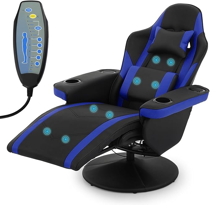 MoNiBloom Video Game Chair Massage Single Living Room Sofa Recliner High-Back Comfortable Gaming Chair with Lumbar Support and Footrest, Swivel Home Theater Seating with Speaker, Cupholder, Black
