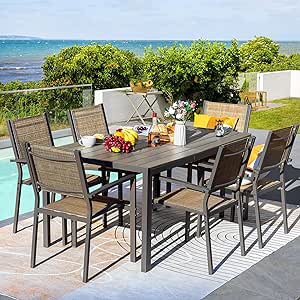 Greesum 7 Piece Outdoor Dining Set Patio Furniture with Rectangular Table & 6 Stackable Chairs Family Conversation for Garden Backyard Deck, Brown (incomplete 1 box only)