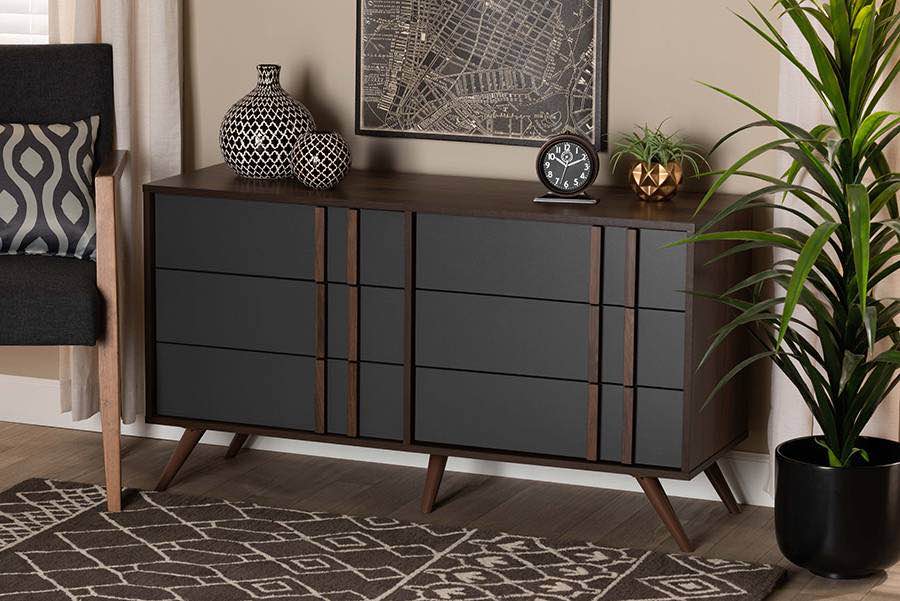Baxton Studio Naoki Modern Two-Tone Grey & Walnut Finished Wood 6-Drawer Bedroom Dresser - Wholesale Interiors LV15COD15231-Columbia/Dark Grey-6DW-Dresser (incomplete 1 box of 2 only)