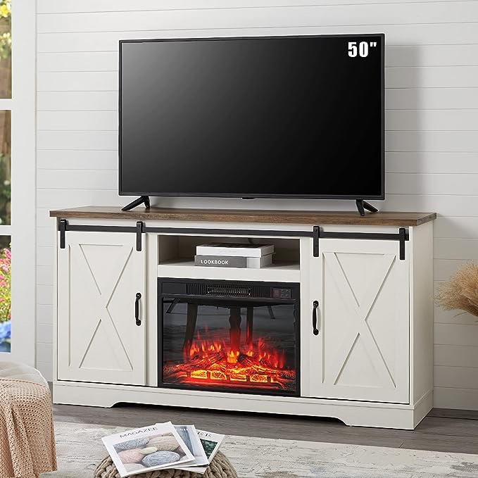 AMERLIFE Fireplace TV Stand Sliding Barn Door Wood Entertainment Center with a 23'' Electric Fireplace Insert, Modern Farmhouse Storage Cabinet Console for TVs Up to 65", Distressed White & Barnwood(incomplete box b)