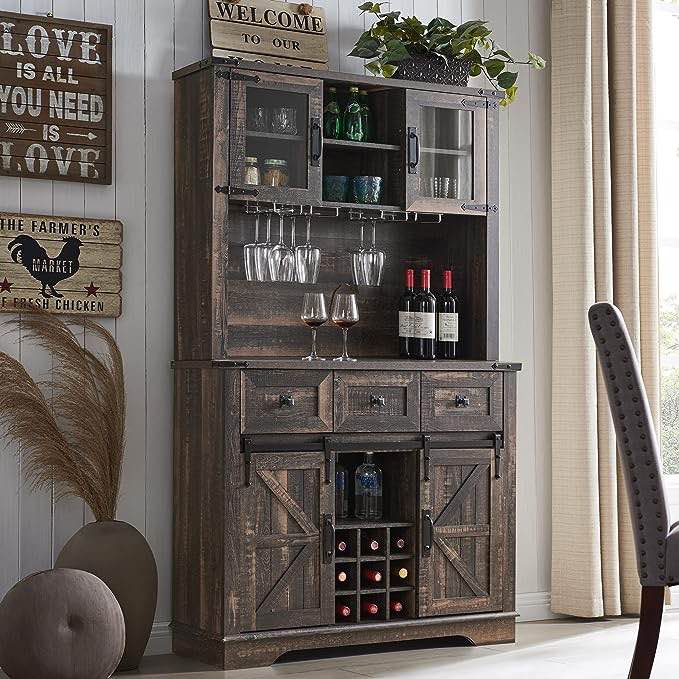 OKD Farmhouse Buffet Cabinet with Hutch, 72" Wine Bar Cabinet w/Sliding Barn Door, Wine and Glass Rack, 3 Drawers, Storage Shelves, Sideboard Pantry Cupboard for Kitchen, Dining Room, Dark Rustic Oak(incomplete box 1/2)