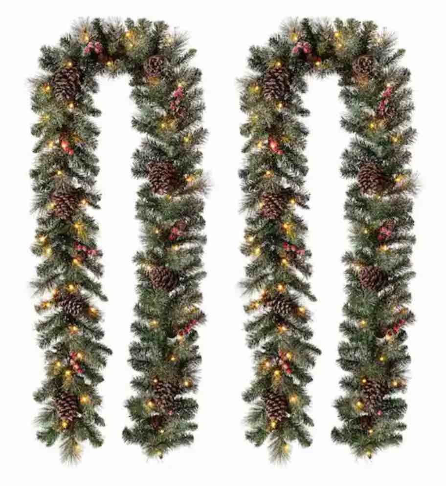 2-Pack 9 ft. Pre-Lit Glittered Pine Cone Artificial Christmas Garland with Warm White LED Lights