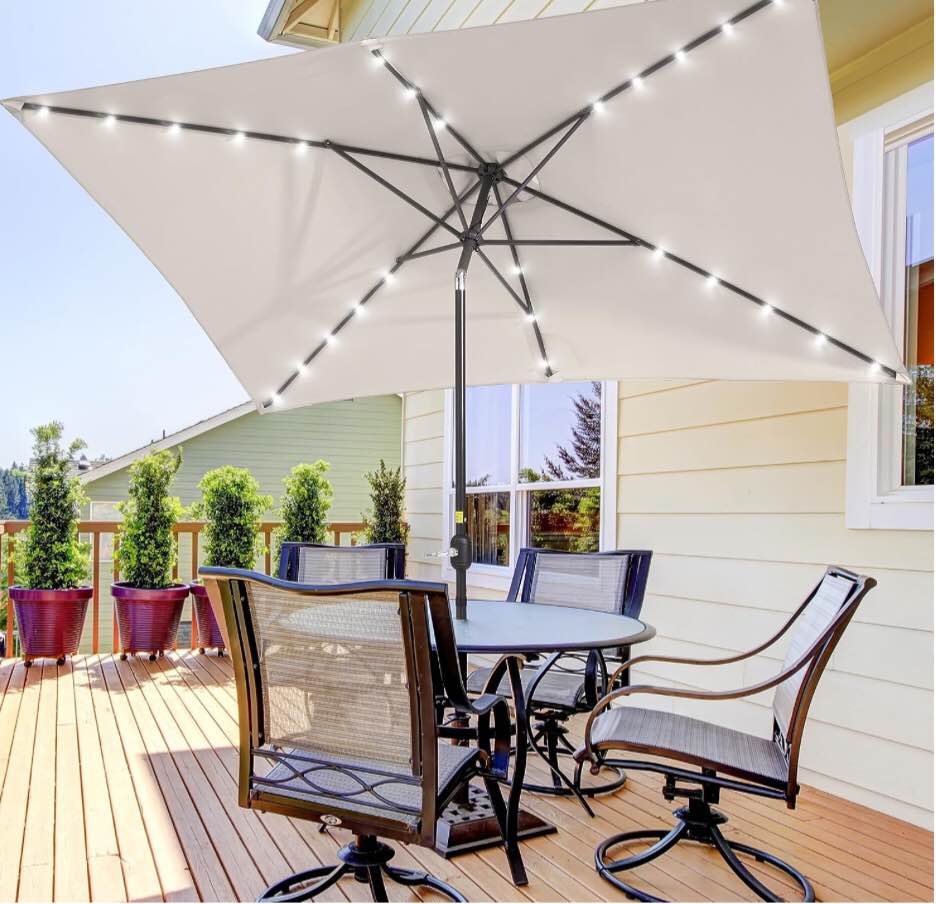 SANLUCE 26 LED Solar Patio Rectangular Umbrella Outdoor 10 x 6.5ft Market Table Steel Umbrella with Tilt and Crank, Waterproof Sunshade Canopy, 6 Ribs Outdoor Umbrella for Garden Deck Backyard Pool, Beige AU04LED-BE
