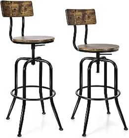 COSTWAY Industrial Bar Stool Set of 2, Vintage Adjustable Swivel Counter Height Kitchen Dining Chair with Arc-Shaped Backrest, Footrest, Round Seat, Metal Vintage Barstools for Pub, Bistro, Island