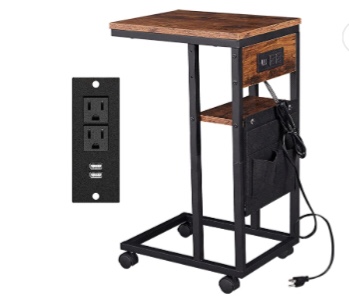 YILFANA C Shaped End Table with Charging Station, C Shaped Side Table with Storage and Lockable Wheels, C Table with USB Ports & Power Outlets, for Living Room, Bedroom, Brown (Incomplete table top only:)