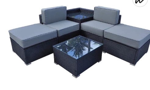 MCombo 5 Pieces Patio Outdoor Wicker Rattan Sofa Sectional Furniture Set Lawn Porch Couch Conversation LoveseatChair with Cushions and Glass Coffee Tea Table (Incomplete box 3 of 3) picture for reference only color cushions are cream 